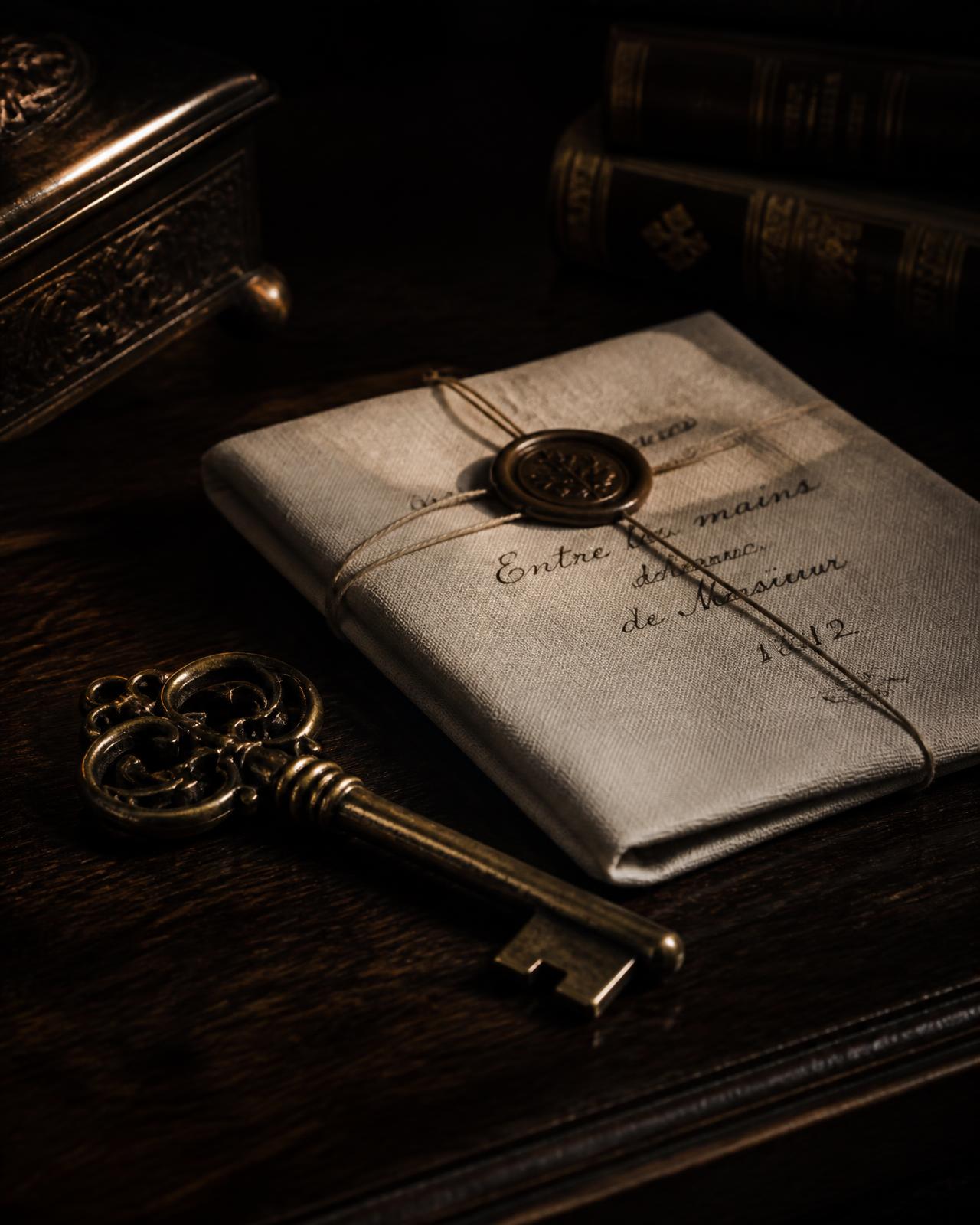 An antique brass key resting beside a sealed linen document