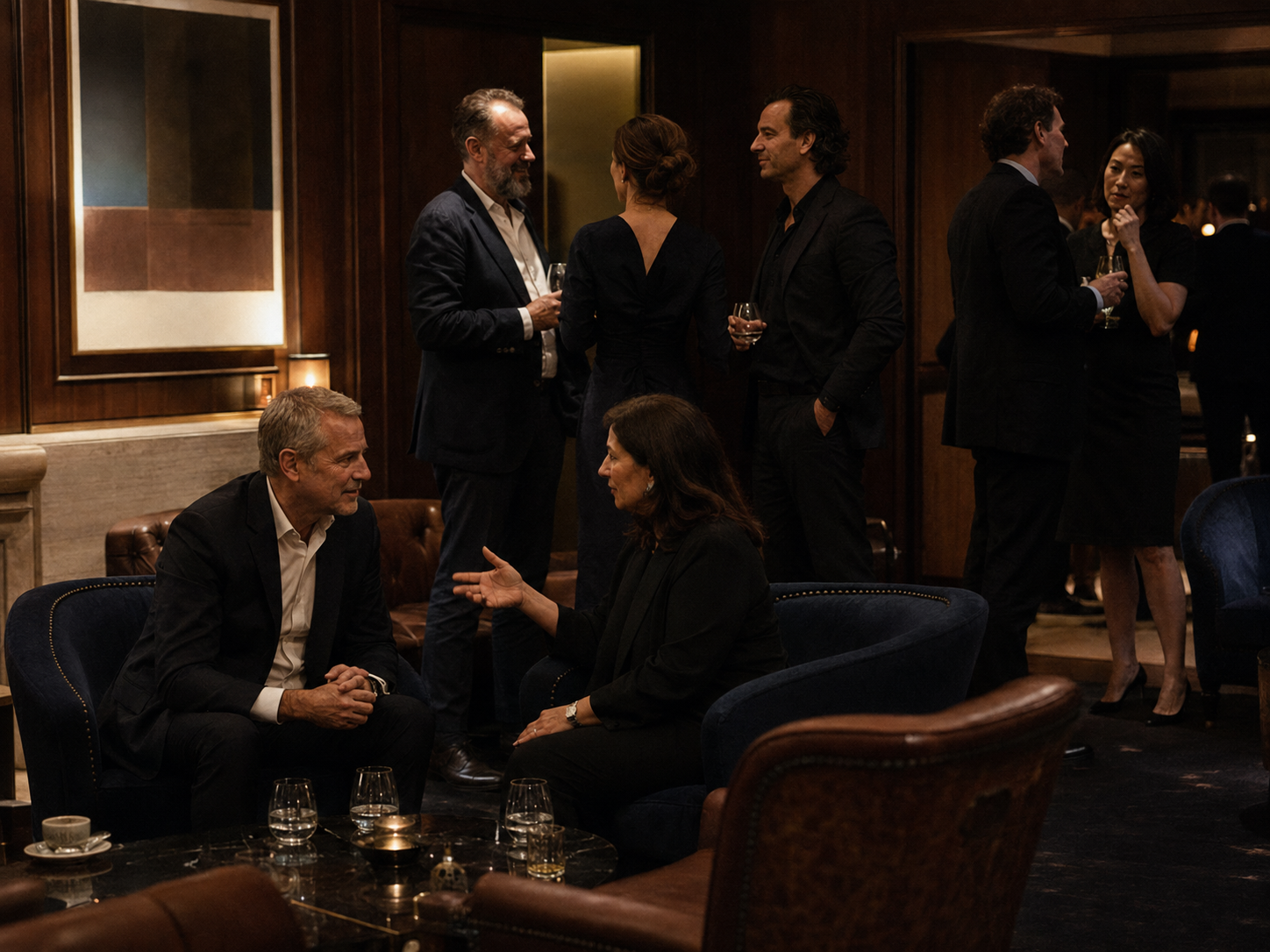 A small group in elegant evening dress talking in a private lounge