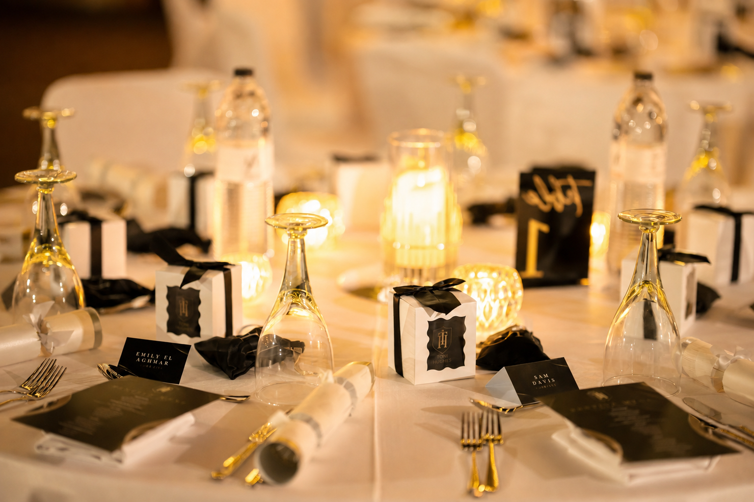 An elegant private dinner table set with Toni Hughes Wealth branded favours, place cards and candlelight