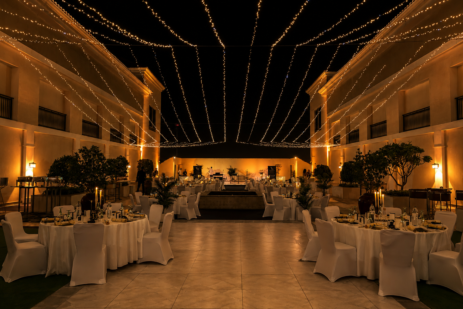An evening courtyard set for a private dinner under strings of warm lights