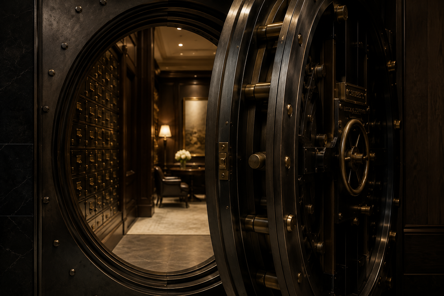 A heavy brass safe door standing open inside a private banking room