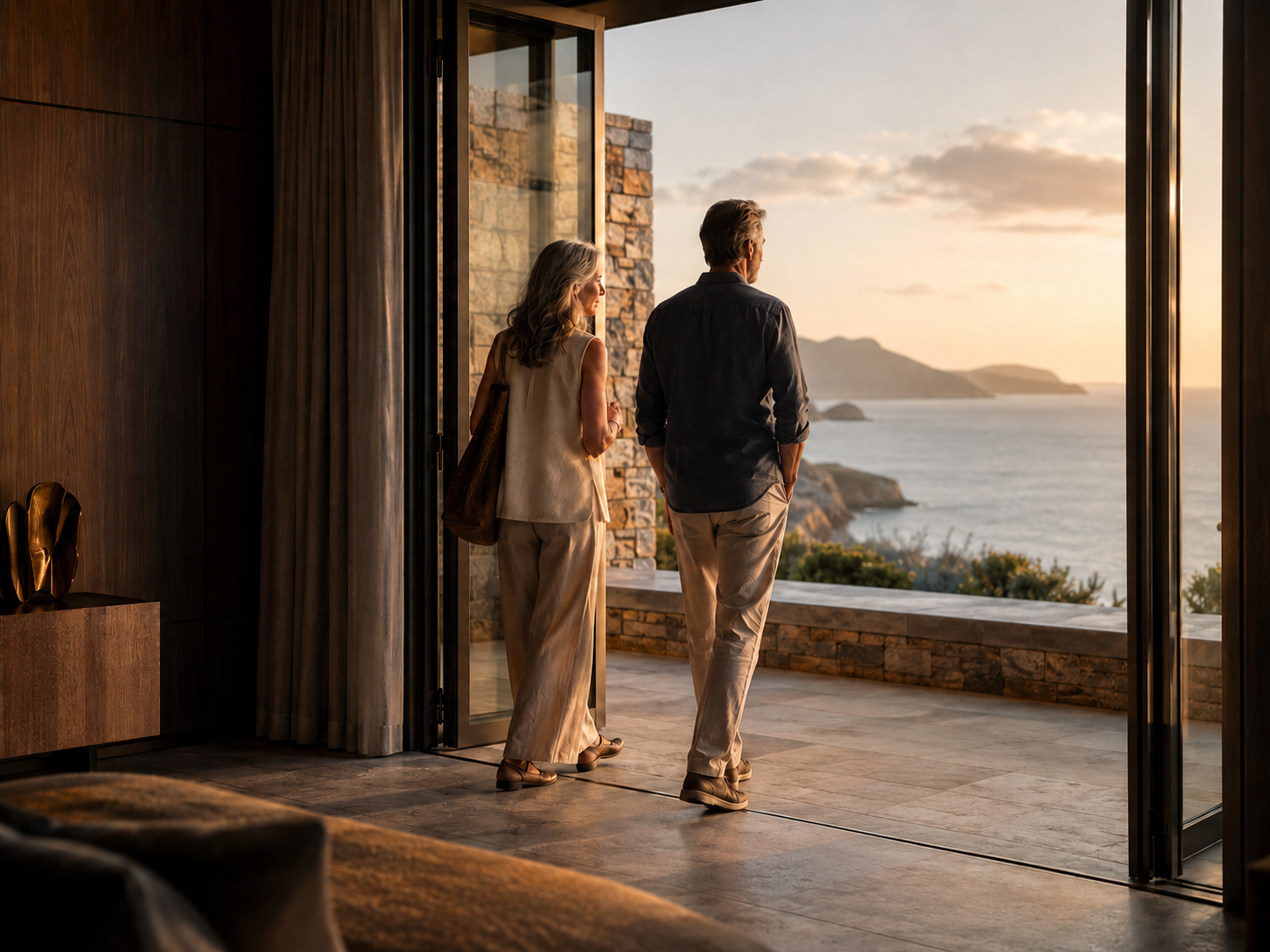 A couple standing at an open terrace doorway overlooking a calm sea at golden hour