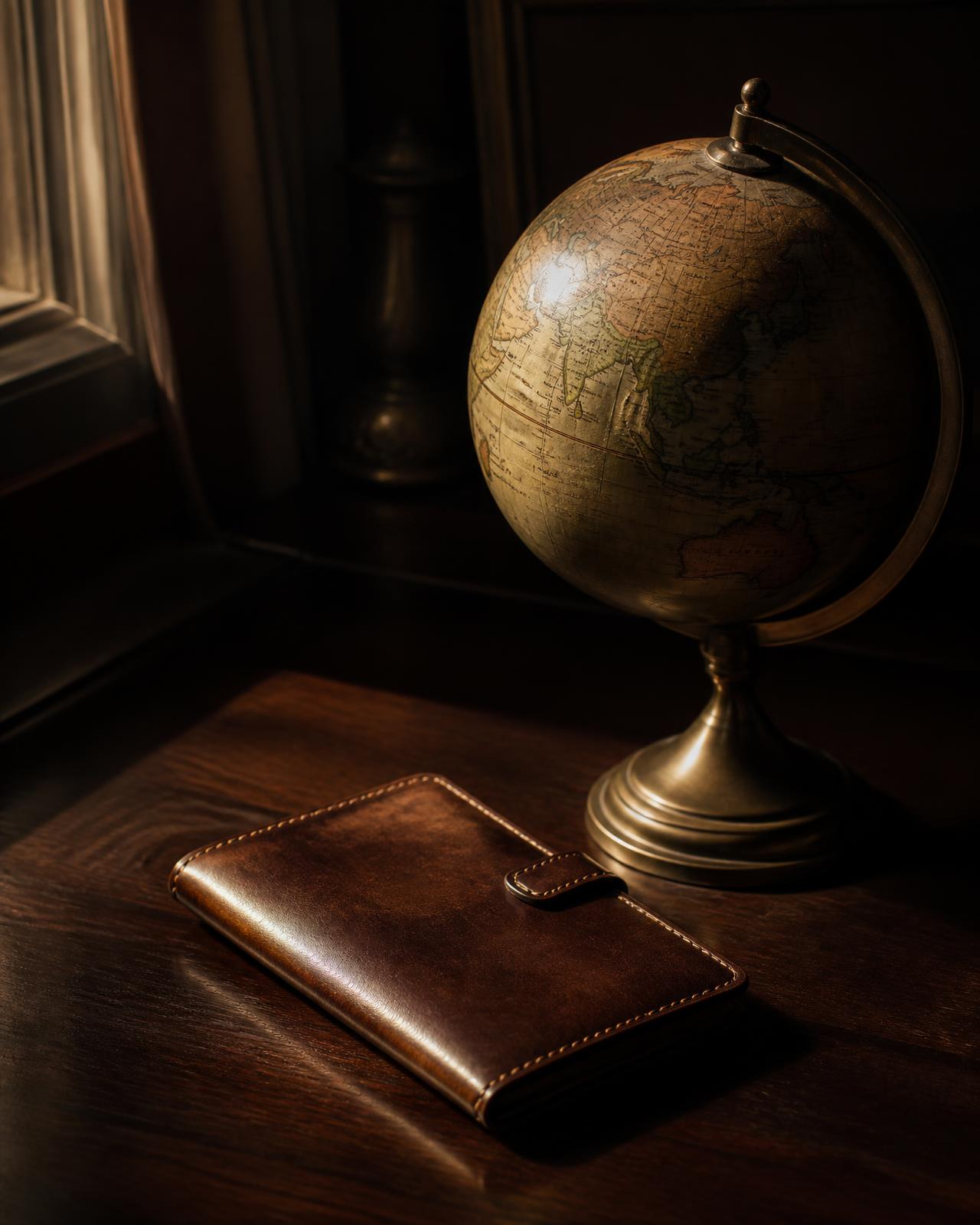 An antique brass globe beside a leather passport wallet on a dark desk