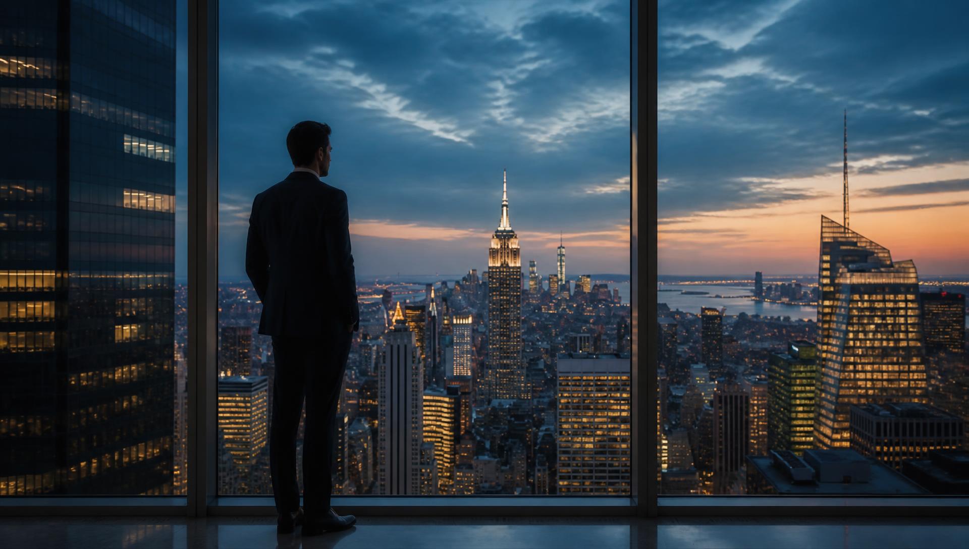 A figure at a window overlooking an international city skyline at blue hour